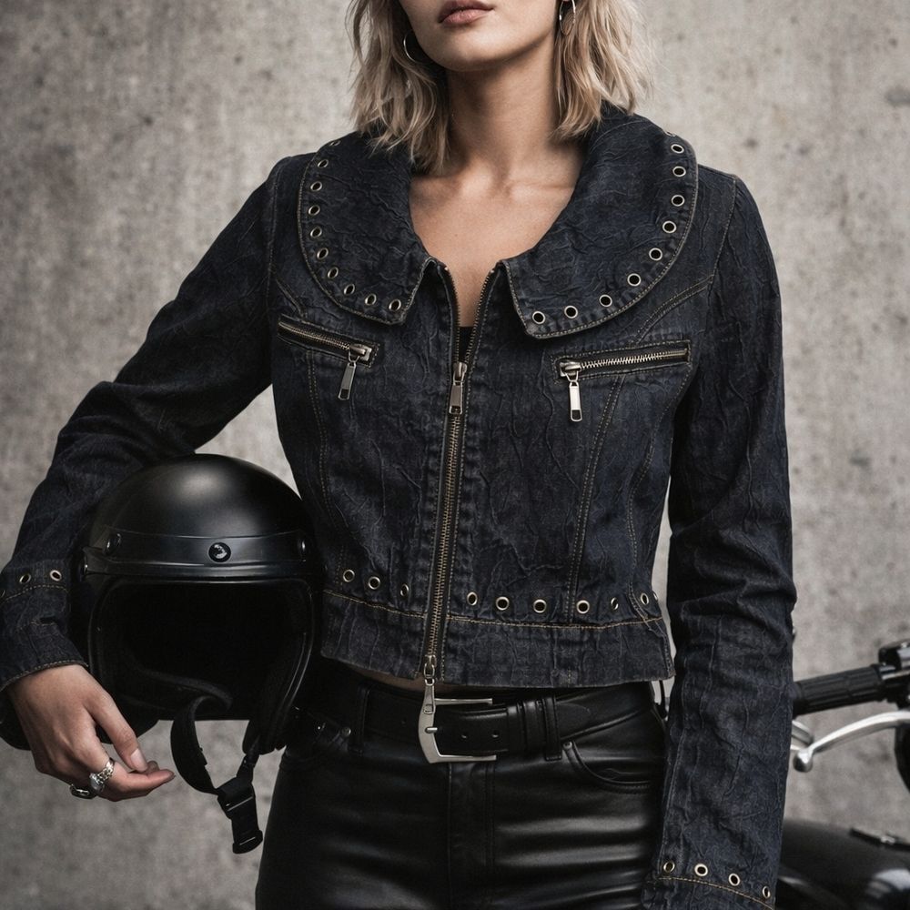 Dark Wash Denim Moto Utility Jacket L Grommet Collar Zip Front Edgy Streetwear